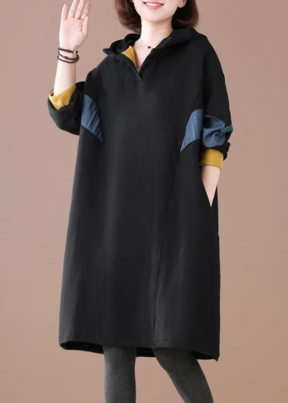 Black Hooded Patchwork Warm Fleece Loose Sweatshirt Dress Winter