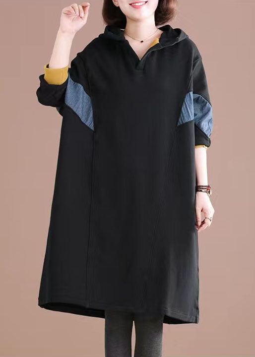 Black Hooded Patchwork Warm Fleece Loose Sweatshirt Dress Winter