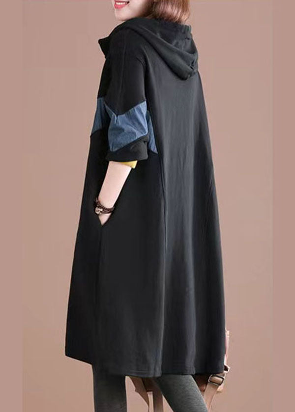 Black Hooded Patchwork Warm Fleece Loose Sweatshirt Dress Winter