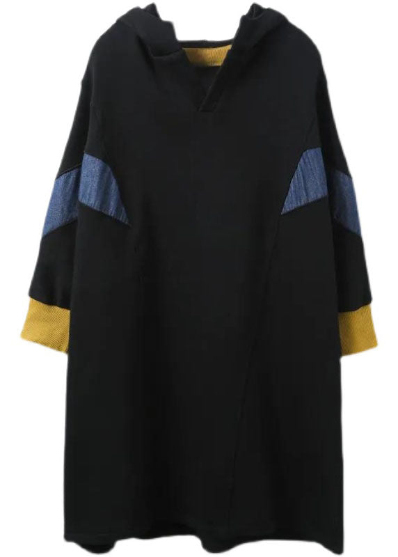Black Hooded Patchwork Warm Fleece Loose Sweatshirt Dress Winter