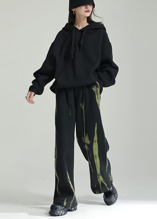 Black Hooded Patchwork Warm Fleece Sweatshirts Tracksuits Winter