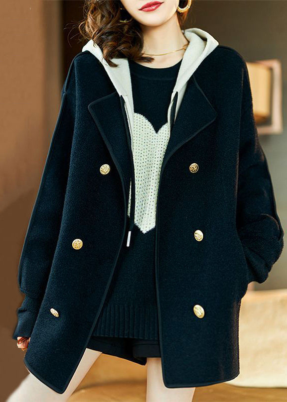 Black Hooded Patchwork Woolen Fake Two Piece Coats Fall