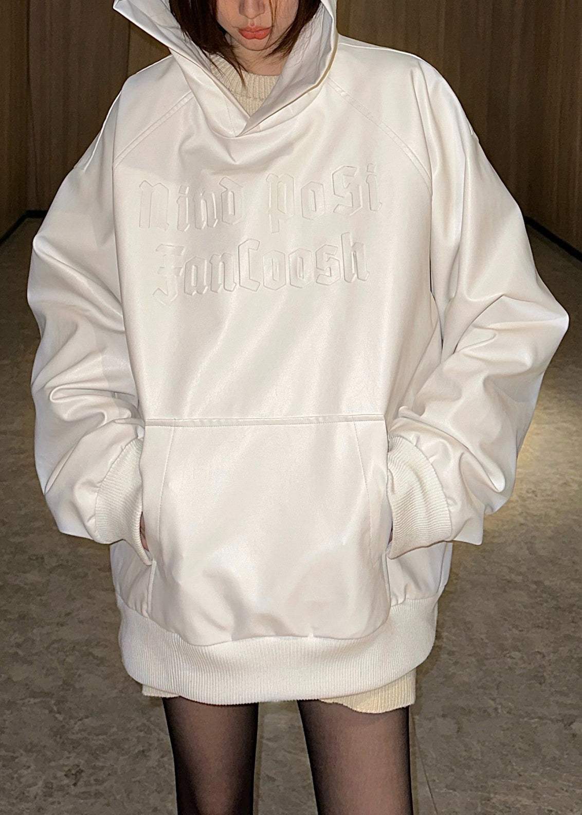 Plus Size Black Hooded Pockets Faux Leather Neutral Sweatshirt Long Sleeve