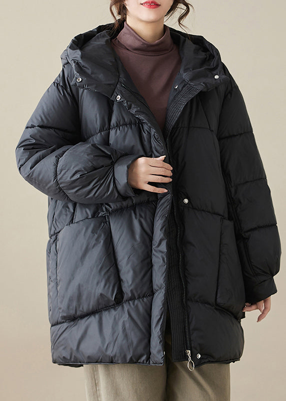 Black Hooded Pockets Fine Cotton Filled Parka Winter