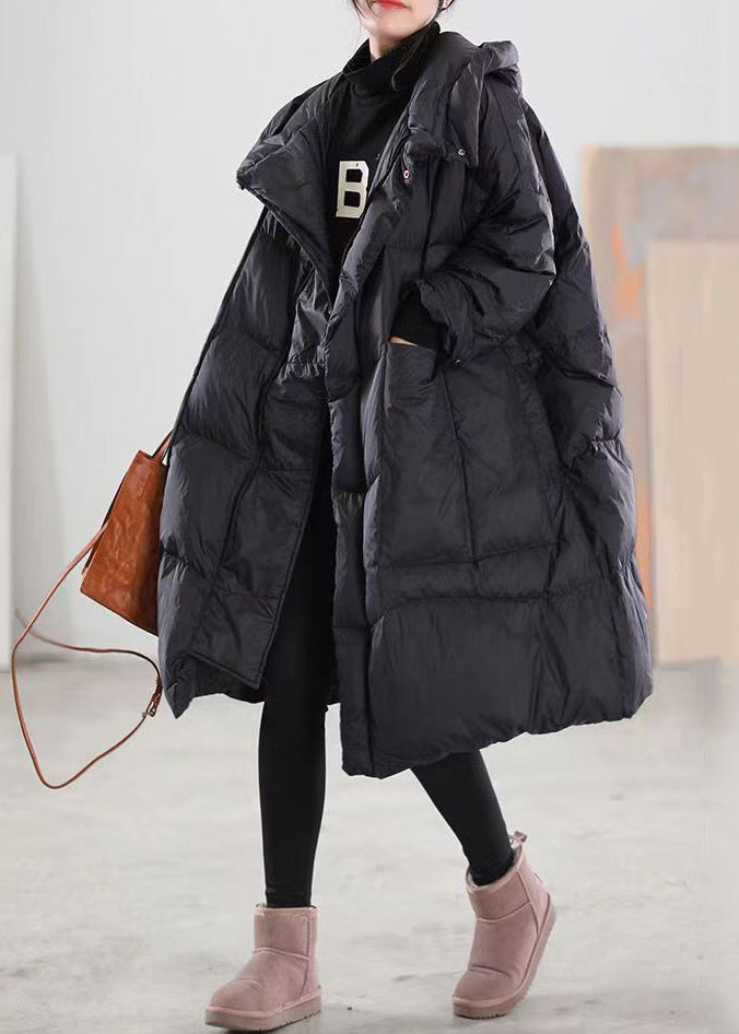 Black Hooded Pockets Patchwork Duck Down Coat Winter