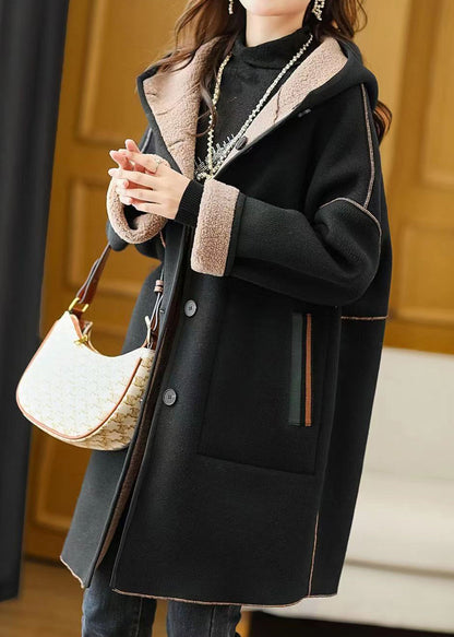 Black Hooded Pockets Patchwork Woolen Coat Winter