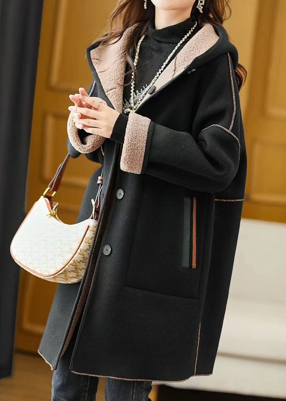 Black Hooded Pockets Patchwork Woolen Coat Winter