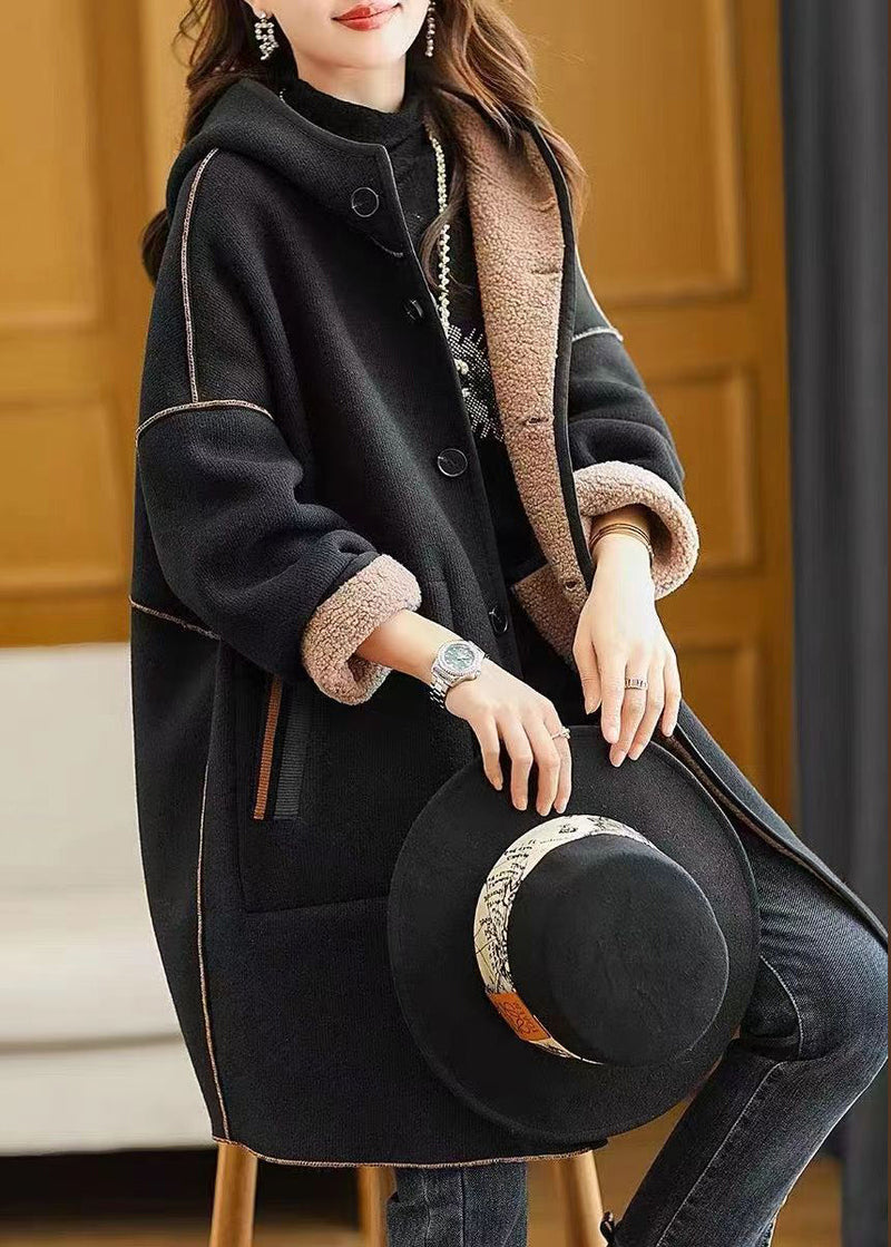 Black Hooded Pockets Patchwork Woolen Coat Winter