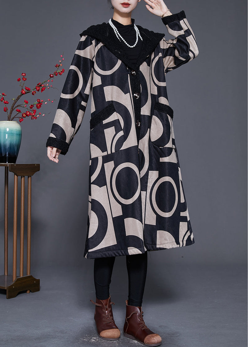 Black Hooded Print Fleece Wool Lined Trench Winter