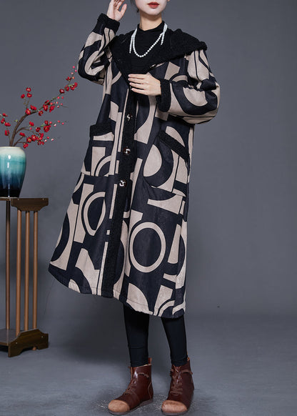 Black Hooded Print Fleece Wool Lined Trench Winter