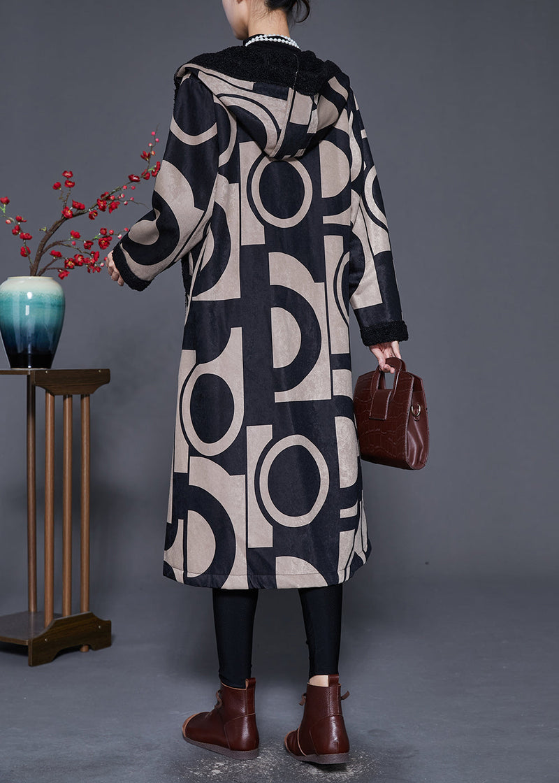 Black Hooded Print Fleece Wool Lined Trench Winter