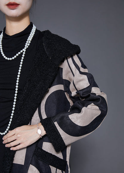 Black Hooded Print Fleece Wool Lined Trench Winter