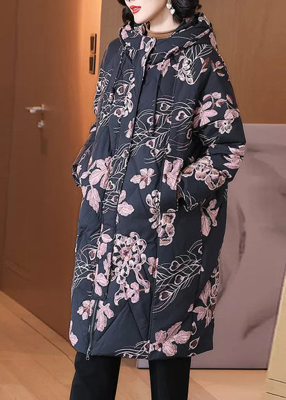 Black Hooded Print Pockets Duck Down Down Coat Winter