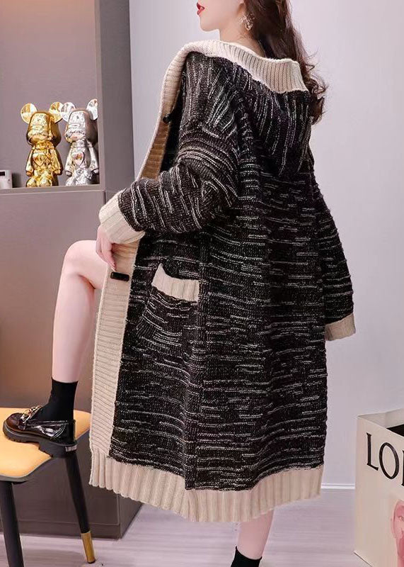 Black Hooded Striped Warm Knit Long Cardigans Spring