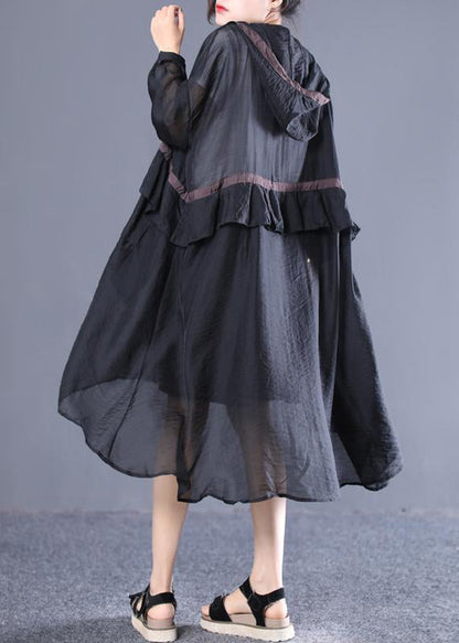 Black Hooded Tie Waist Cotton Long Trench Spring
