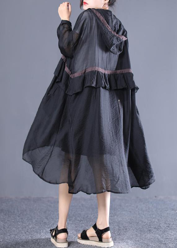 Black Hooded Tie Waist Cotton Long Trench Spring