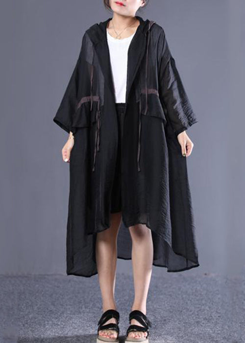 Black Hooded Tie Waist Cotton Long Trench Spring