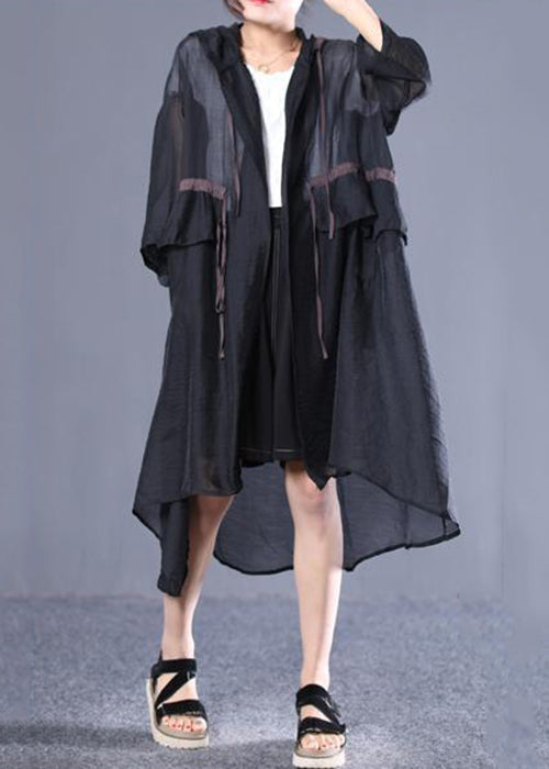 Black Hooded Tie Waist Cotton Long Trench Spring