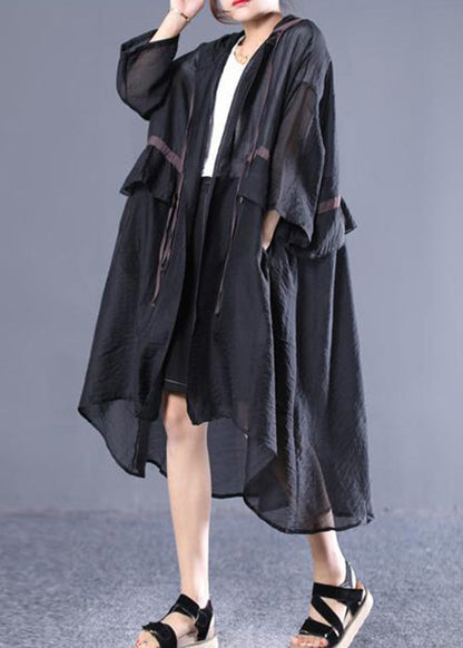Black Hooded Tie Waist Cotton Long Trench Spring