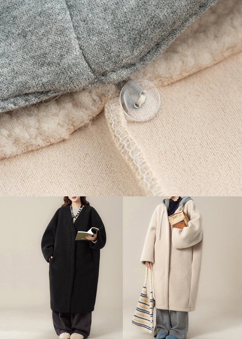 Black Hooded Zippered Patchwork Teddy Faux Fur Coat Winter