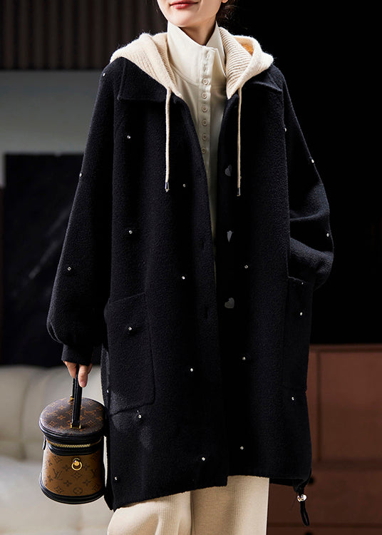 Black Hooded Zircon Patchwork Woolen Coats Spring