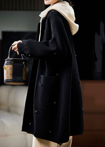 Black Hooded Zircon Patchwork Woolen Coats Spring