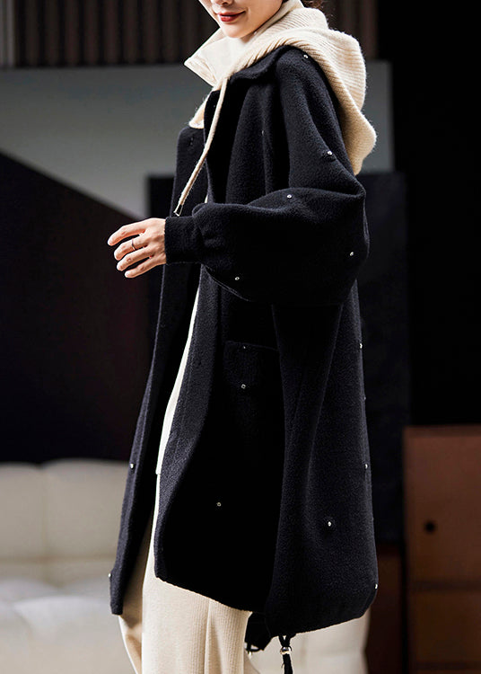 Black Hooded Zircon Patchwork Woolen Coats Spring