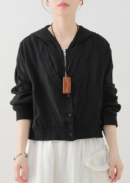 Black Hooded Zippered Pockets Linen Coat Long Sleeve