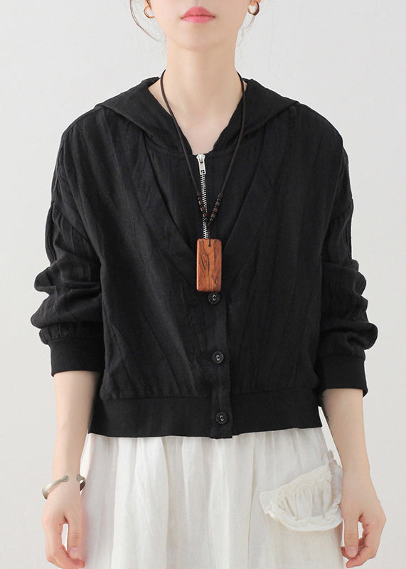 Black Hooded Zippered Pockets Linen Coat Long Sleeve