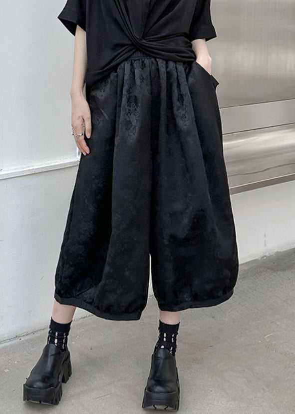 Black Jacquard High Waist Patchwork Silk Lantern Pants Fall