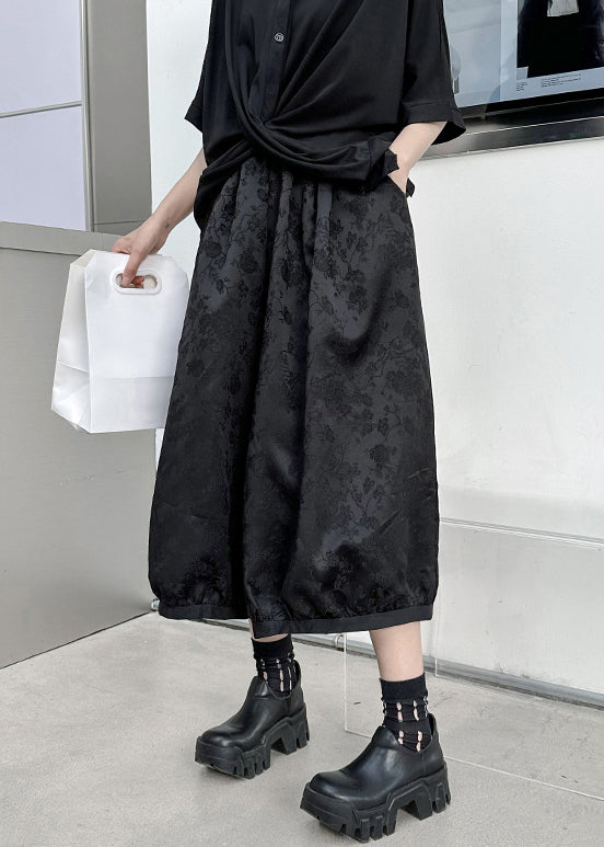 Black Jacquard High Waist Patchwork Silk Lantern Pants Fall