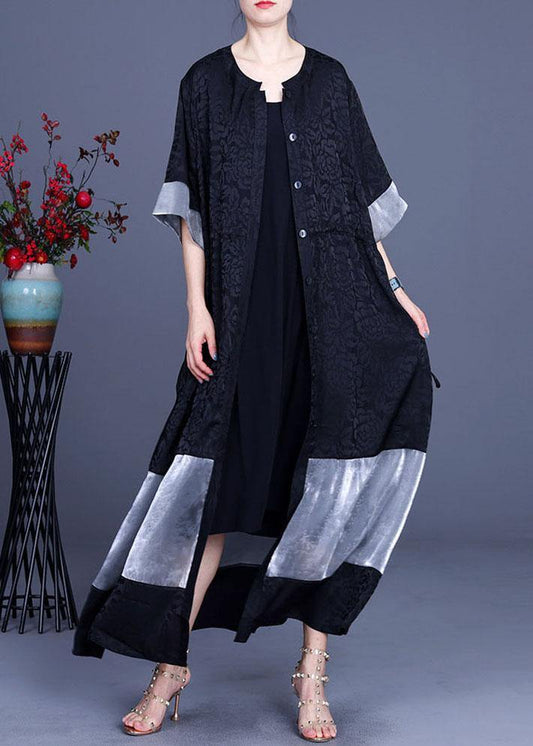 Black Jacquard Patchwork Silk Cardigans Long