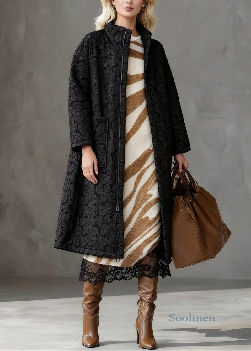 Black Jacquard Zippered Pockets Cotton Filled Long Coats