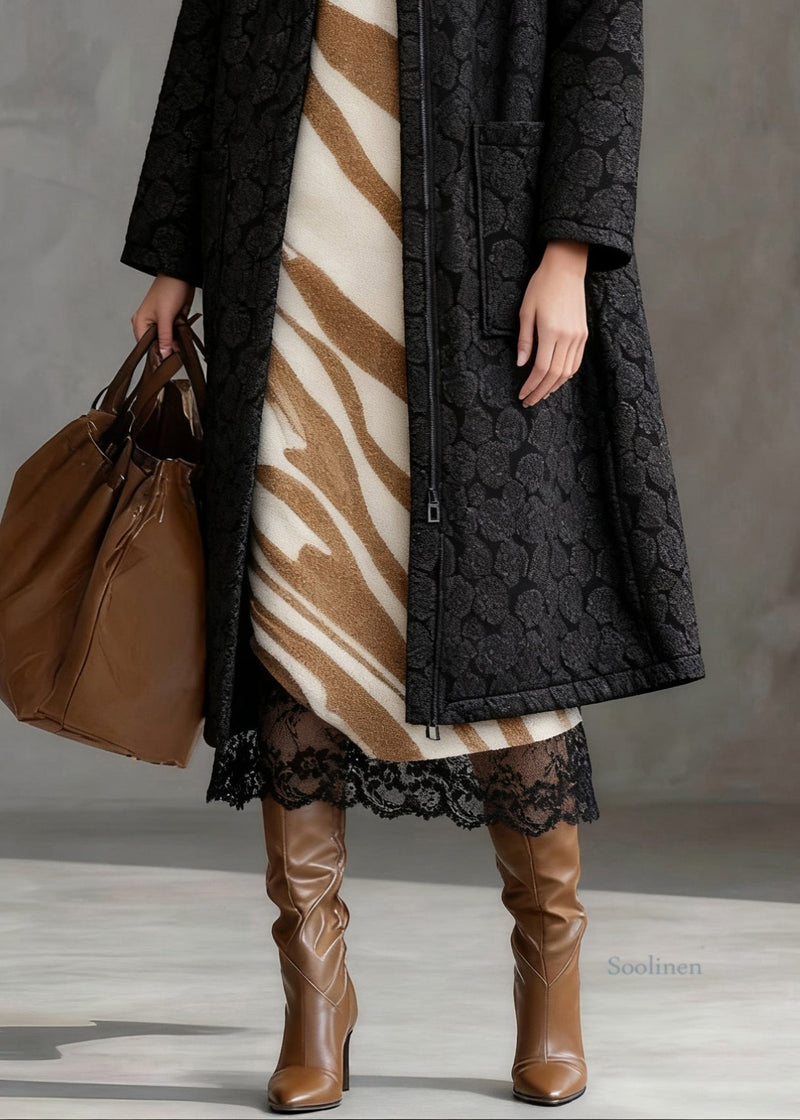 Black Jacquard Zippered Pockets Cotton Filled Long Coats