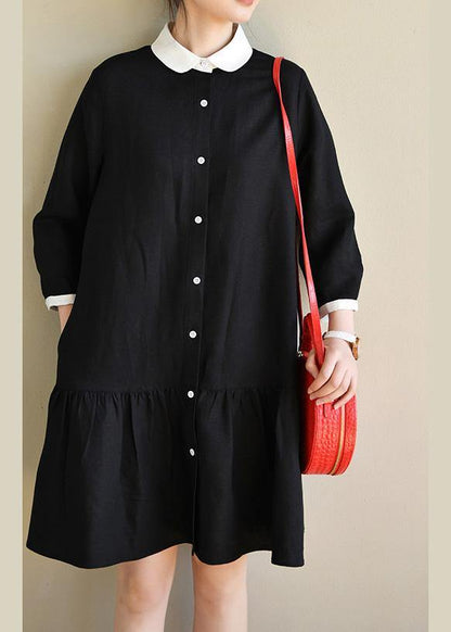 Black Long Sleeve Peter Pan Collar Patchwork Spring Cotton Dress