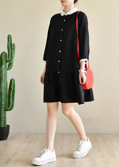 Black Long Sleeve Peter Pan Collar Patchwork Spring Cotton Dress