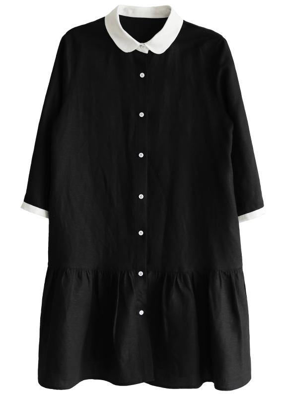 Black Long Sleeve Peter Pan Collar Patchwork Spring Cotton Dress