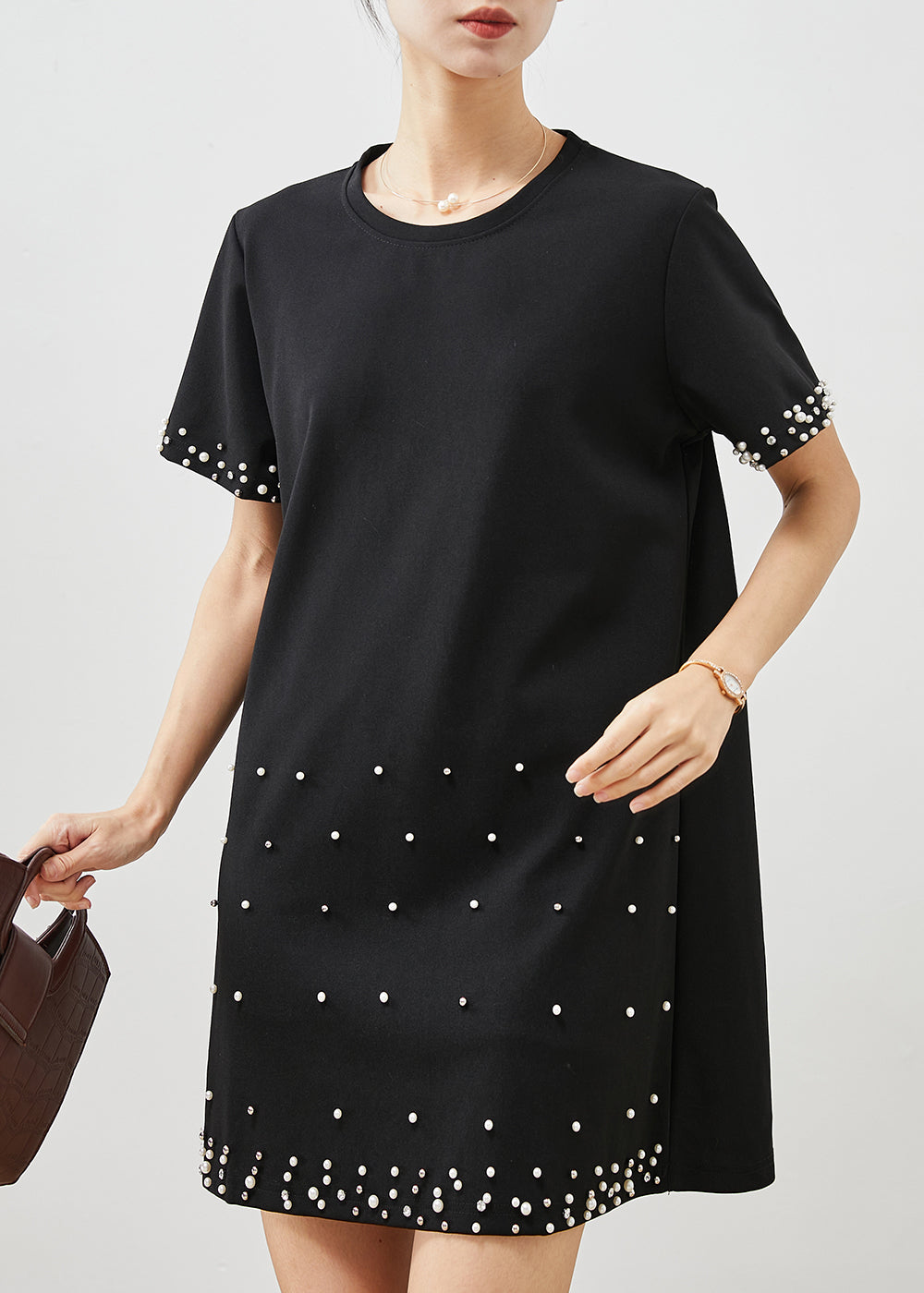 Black Nail Bead Cotton Mid Dress Summer