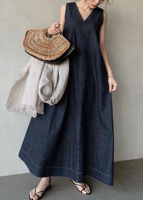 Black Necek Tie Patchwork Holiday Maxi Denim Dress Sleeveless