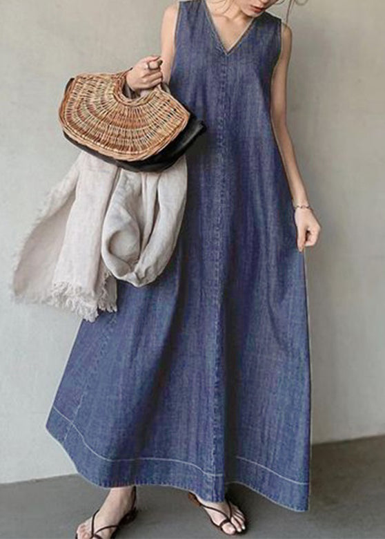 Black Necek Tie Patchwork Holiday Maxi Denim Dress Sleeveless