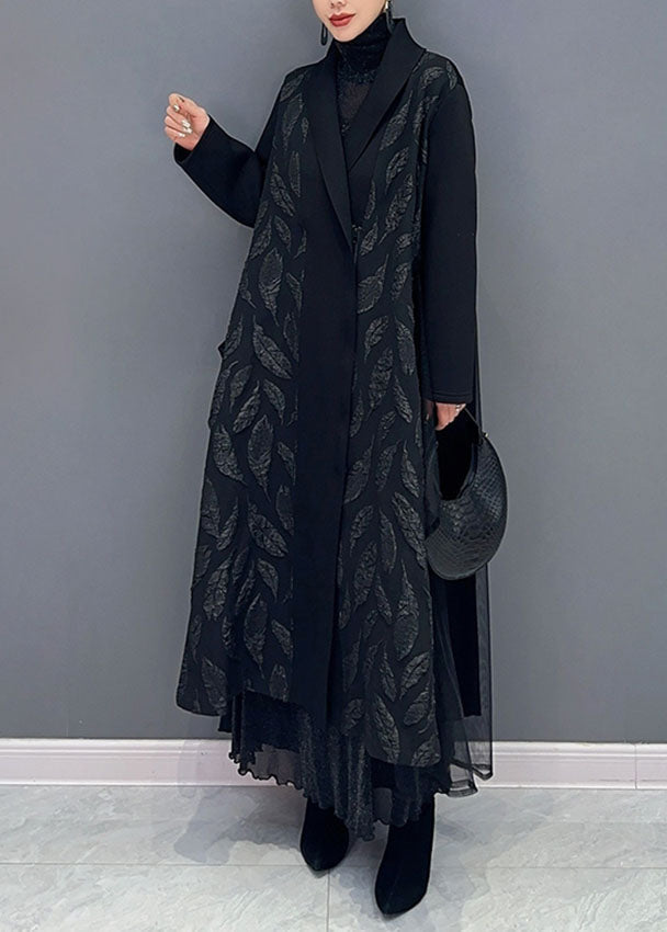 Black Notched Tulle Patchwork Maxi Cardigans Long Sleeve