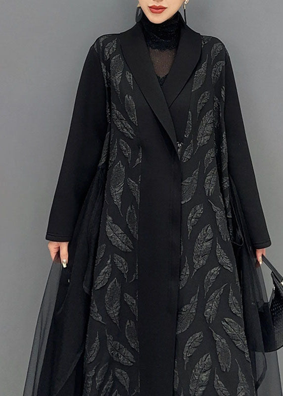 Black Notched Tulle Patchwork Maxi Cardigans Long Sleeve