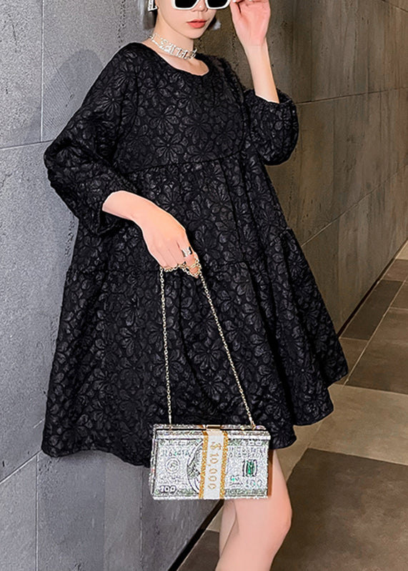 Black O-neck a Line Mid Dress Long Sleeve