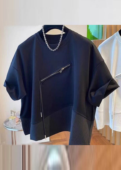 Black O-neck Asymmetrical Patchwork Zippered T Shirts Short Sleeve