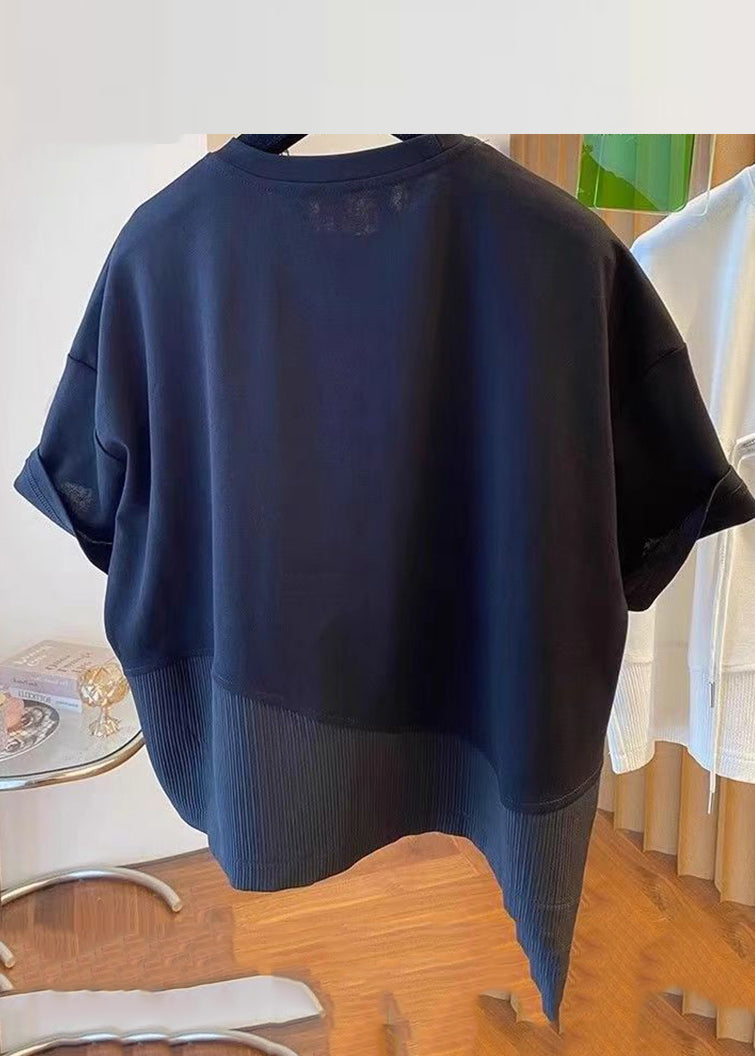 Black O-neck Asymmetrical Patchwork Zippered T Shirts Short Sleeve
