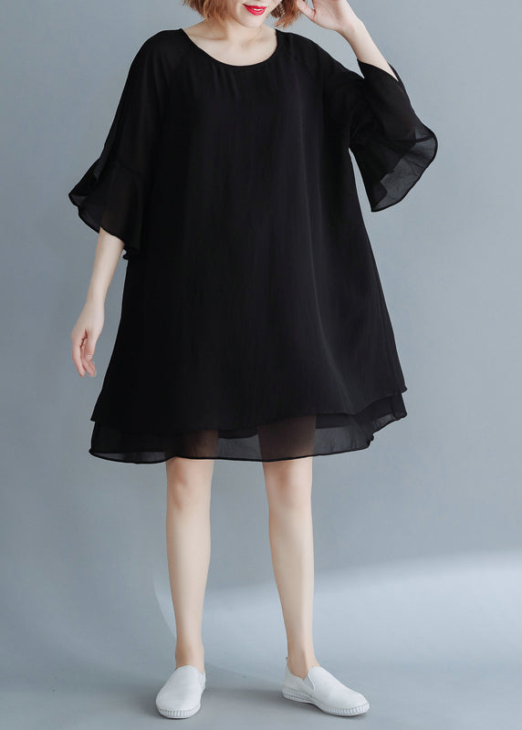 Black O-neck Chiffon Holiday Dresses Flare Sleeve