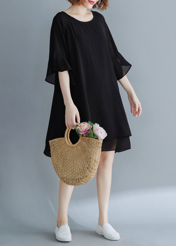 Black O-neck Chiffon Holiday Dresses Flare Sleeve