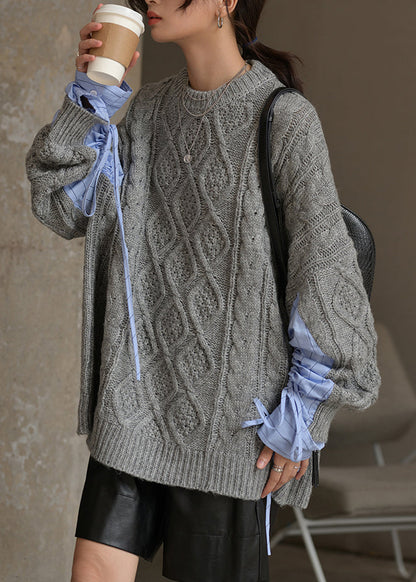 Black O Neck Drawstring Cotton Knit Sweaters Fall