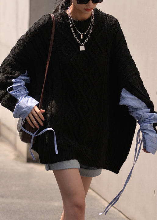 Black O Neck Drawstring Cotton Knit Sweaters Fall