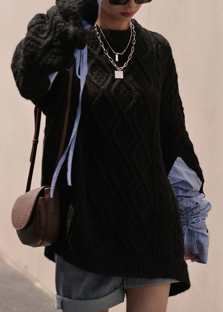 Black O Neck Drawstring Cotton Knit Sweaters Fall